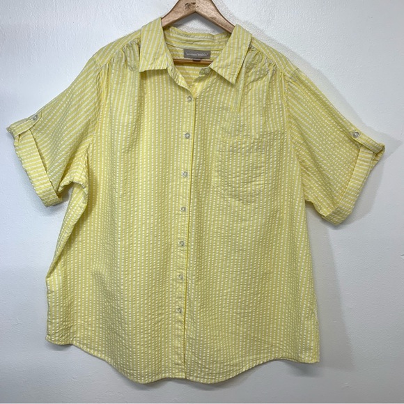 Woman Within Top 1X  Searsucker  Button Up Yellow Stripe All  Cotton Short Slv‎ - Picture 1 of 8